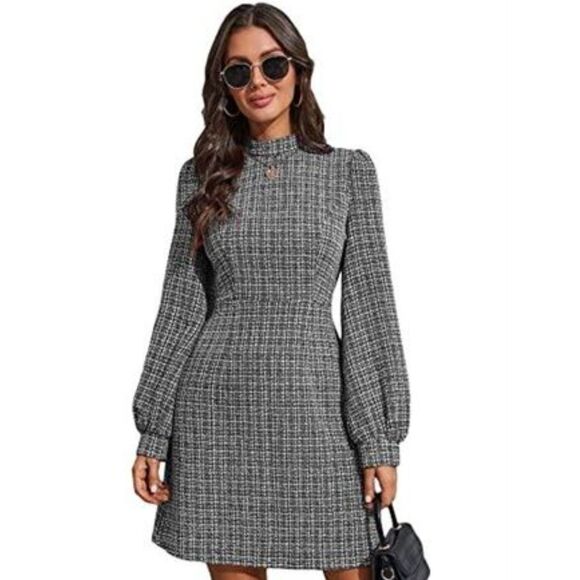 Black And White Tweed Retro Vintage Style Dress With Lantern Sleeves NWT Large - Picture 1 of 10